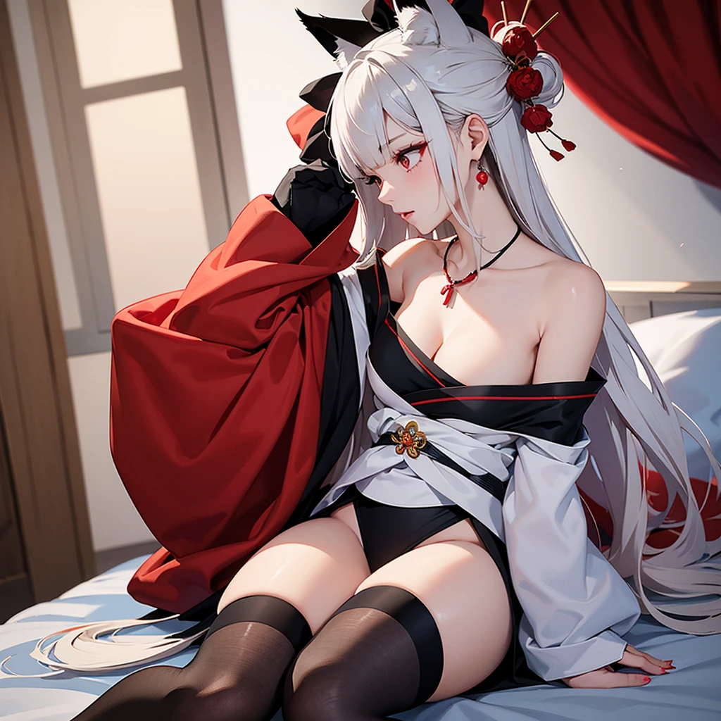 Kitsune, Retrato de Onmyoji, Chica de anime demonio, Deidad de pelo blanco, Arte de cuerpo completo, con ojos rojos, tatuajes en el pecho,cuerpo sexy,best_quality,Sexy Big Breast,erotic pose