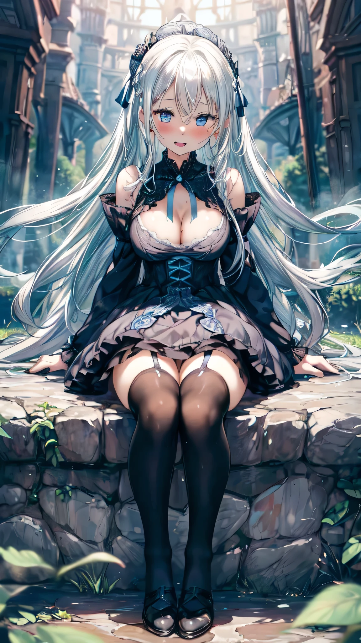 ((masterpiece, sidelighting, finely detailed beautiful eyes: 1.2)), ultra-detailed, ultra high res, professional lighting, high quality makeup, beautiful detailed eyes, sexy, beautiful, big eyes, (drooping eye:1.2), 1girl, solo, alone, (large breasts), slender body, smiling, (blue gothic lolita dress:1.2), (white hair, weavy long hair with blue ribbon:1.3), blue sapphire eyes, wide sleeves, outdoors, forest, full body, highest quality, ultra detailed, Soft light,  (rime:1.3), Extremely cute, (extremely detailed beautiful face), Authentic skin texture, beautiful hair, beautiful face, beautiful eyes, beautiful body, beautiful hands, (sexual pleasure, sexual aroused, orgasm, happy:1.8), (face focus, cleavage breasts focus, thigh focus:1.8), (erect nipples), (steam:1.2), open mouth