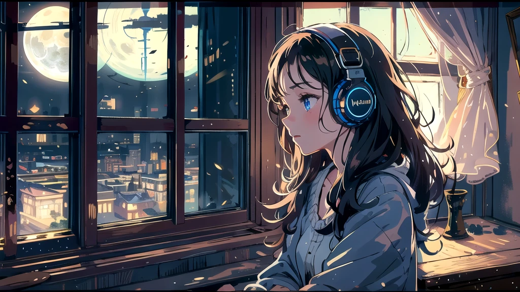 Create an illustration of a girl with dark hair and blue eyes, sitting sideways in front of the window of her room, She is wearing headphones and has a sentimental and introspective expression, Moonlight softly shines into the room, gently illuminating the space, Curtains sway in the breeze, enhancing the serene, melancholic atmosphere, Emphasizing the themes of solitude, silence, and the depths of night, the room is dark but slightly illuminated by moonlight