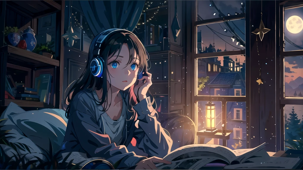 Create an illustration of a girl with dark hair and blue eyes, sitting sideways in front of the window of her room, She is wearing headphones and has a sentimental and introspective expression, Moonlight softly shines into the room, gently illuminating the space, Curtains sway in the breeze, enhancing the serene, melancholic atmosphere, Emphasizing the themes of solitude, silence, and the depths of night, the room is dark but slightly illuminated by moonlight