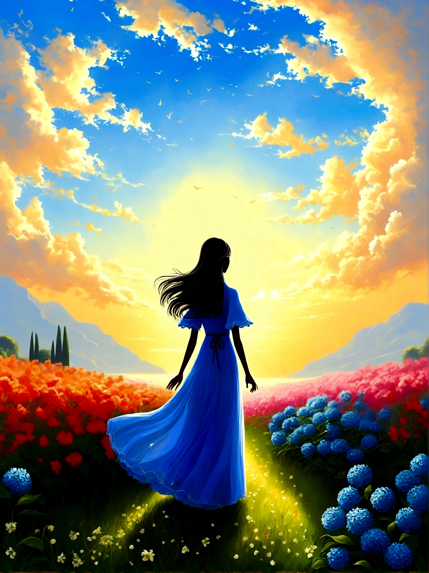 (Dawn sunrise time:1.6),In the fragrant garden, The blind girl stood there,Open your arms, Gently touch the petals she encounters, Connect with nature and sweet blue flowers, The individual stands tall in awe and wonder under the expansive sky, their silhouette a stark contrast against the vibrantly colored morning light, They are in a deep state of contemplation, the serene atmosphere around them speaks of tranquility and solitude, The perspective is from a wide-angle view emphasizing the immense scope of the breathtaking landscape filled with natural elements, The image should evoke a sense of drama and magnitude with the effective use of light and shade.