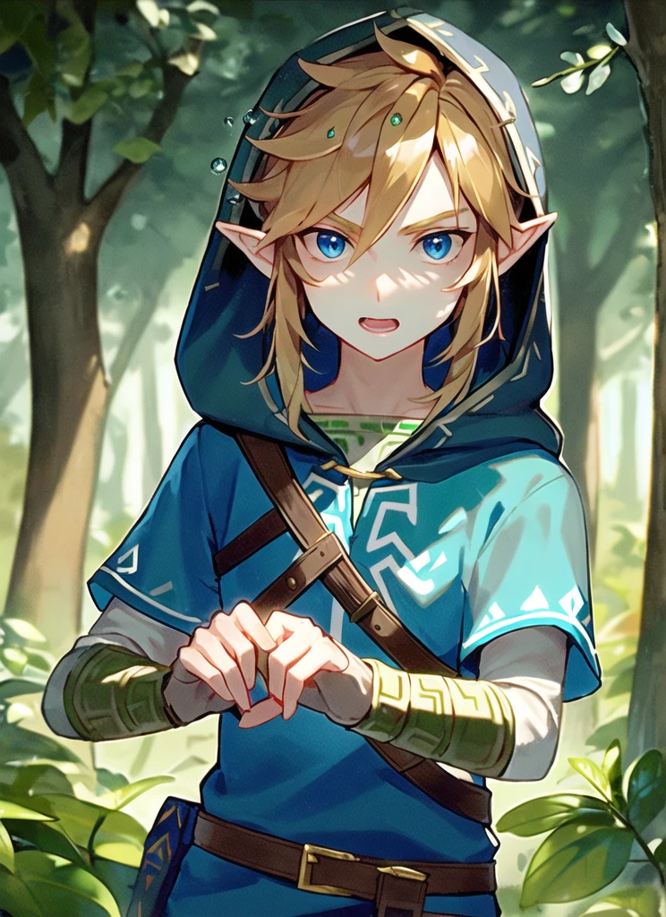 link, the legend of zelda, the legend of zelda: breath of the wild, 1boy, blue eyes, blue tunic, hood, hood up, leaf, light brown hair, looking at viewer, male focus, nature, open mouth, pointy ears, solo, water drop,  ((masterpiece)) 