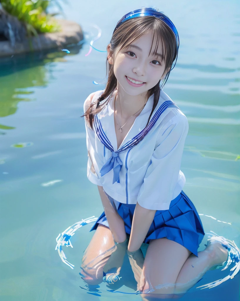 (NFSW)、(High resolution:1.5)、Highest quality,Very detailed,masterpiece,Super detailed,alone,(One 12 year old girl),((Summer School Uniforms:1.5)), Seraphim, ((skirt:1.5)), smile, Thigh fetish images: 1.5、(((barefoot)))、(Her thighs and white bikini reflected in the clear blue water)、(reflected in water:1.5)、((I can see the white string panties:1.5))、(Cleavage)、((Clear blue seawater))、Summer sun、はしゃいだsmile、Beautiful Eyes、(pull-out-panties)、(Panties on knees)、Big necklace and tiara、The water is marine blue、(((Glossy thighs)))