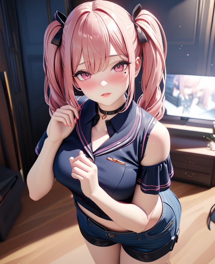 masterpiece, best quality, highly detailed, high resolution, expensive resolution, high resolution, 4K, 8k, uniform 8k wallpaper, highly detailed CG, masterpiece, 2D, 3D, beautiful details, depth, fine texture, best quality: 1.3, perfectly focused, crispy. skin, him, cute anime 20s girl, her name is Mei, idol, expensive brown short twin tails, mole under eye, looking at the viewer, cowboy shorts, expensive, blush, mole, plump lips, heart, pink eyes, heart shaped choker