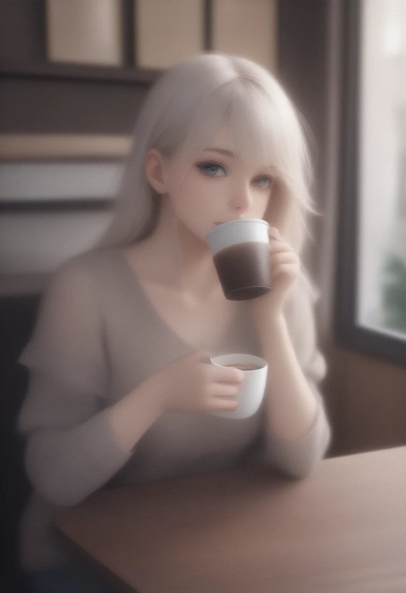 German woman sitting at a cafe table drinking coffee、Emma&#39;s Photo。Window sunlight, Blue Hair, Dynamic pose, Skin Texture, Pale skin, Shiny skin, (slim, small:1.2), [:(Sharp focus on the face, Detailed face, Perfect Eyes, View Viewer:1.2):0.2], Realistic, Film Grain, highest quality, masterpiece