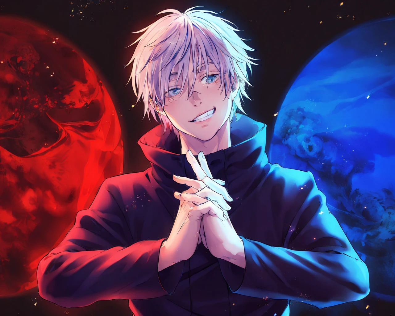 (masterpiece, best quality:1.2), cowboy shot, solo, male focus, 1boy, gojo satoru, smile, hands in pockets, blindfold, black jacket