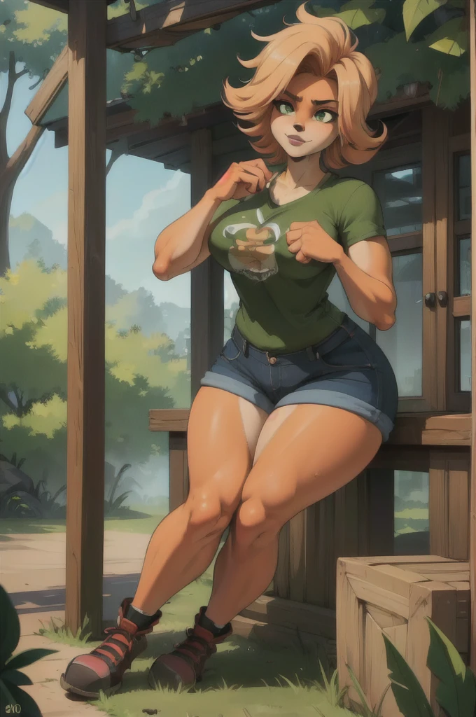 A beautiful redheaded anthro bandicoot girl, detailed green eyes, sexy expression, wearing a camouflage t-shirt, shorts, black socks and shoes, (best quality,4k,8k,highres,masterpiece:1.2),ultra-detailed,(realistic,photorealistic,photo-realistic:1.37),highly detailed portrait, intricate details, dynamic pose, cinematic lighting, warm color tones