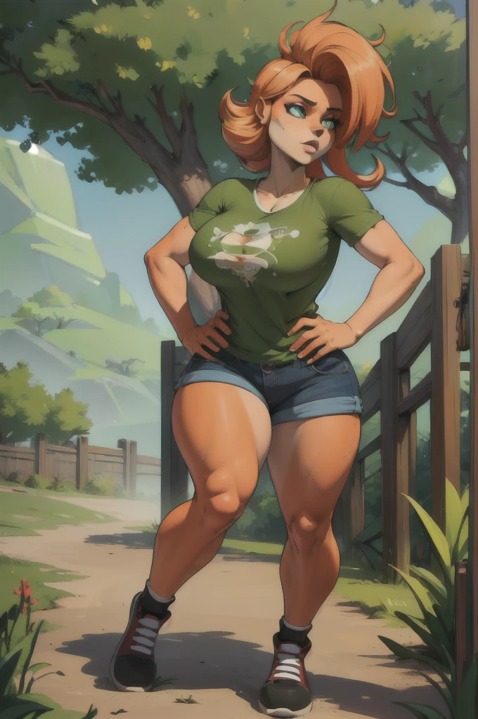 A beautiful redheaded anthro bandicoot girl, detailed green eyes, sexy expression, wearing a camouflage t-shirt, shorts, black socks and shoes, (best quality,4k,8k,highres,masterpiece:1.2),ultra-detailed,(realistic,photorealistic,photo-realistic:1.37),highly detailed portrait, intricate details, dynamic pose, cinematic lighting, warm color tones