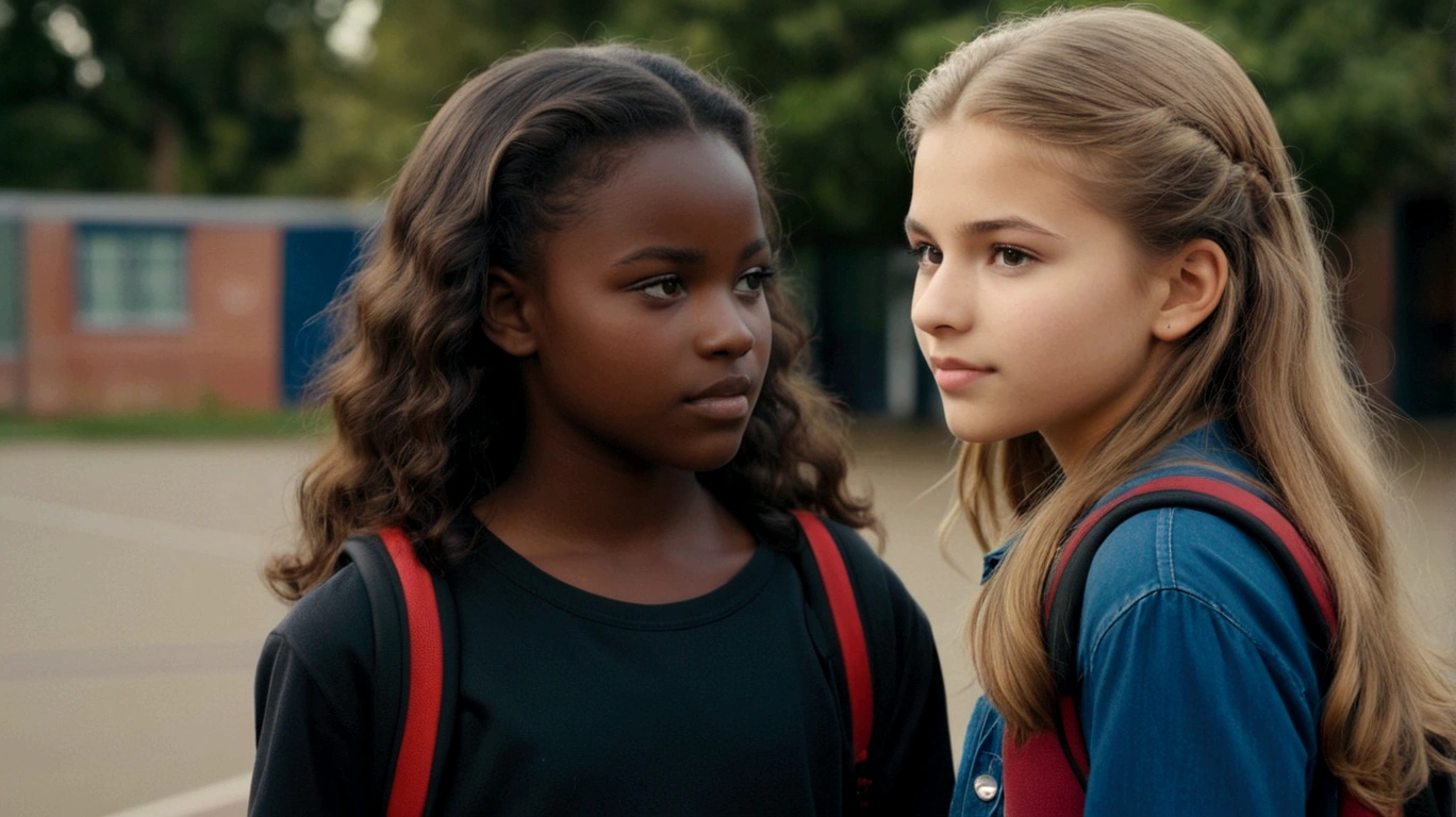 2 young women Ivana is , white with light hair, brown eyes, wearing a black shirt and black pants. all star tennis she has a face similar to the singer jon bom jovi, and leide she has dark skin they are arriving at school great quality, great resolution and cinematography