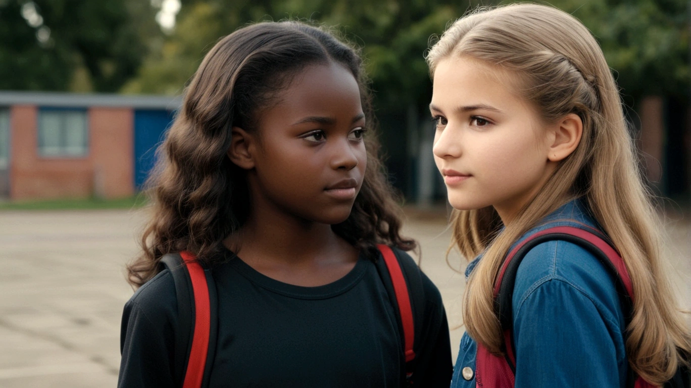 2 young women Ivana is , white with light hair, brown eyes, wearing a black shirt and black pants. all star tennis she has a face similar to the singer jon bom jovi, and leide she has dark skin they are arriving at school great quality, great resolution and cinematography