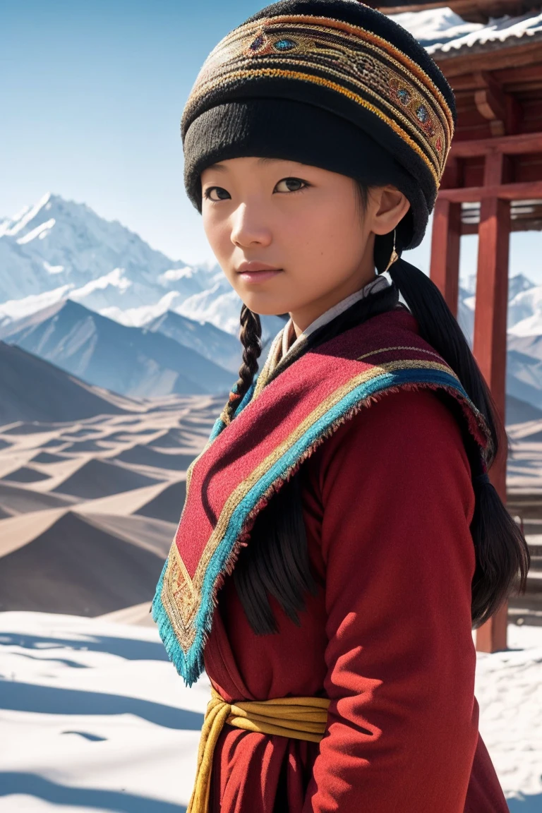surrealism, Verism, Chiaroscuro, Depth of field, Cinematic lighting, movie picture quality，strong contrast of light and shadow，back lit lighting, filmgrain, hyper HD, Masterpiece, ccurate, Textured skin, Super detail, High details, High quality, Best quality, A high resolution, 8K,The scene is the scenery of the Qinghai-Tibet Plateau，There are snowy mountains，prayer flags，wooden cabin，「A beautiful 28-year-old Tibetan girl」，The costumes are Tibetan art costumes，Photographic style