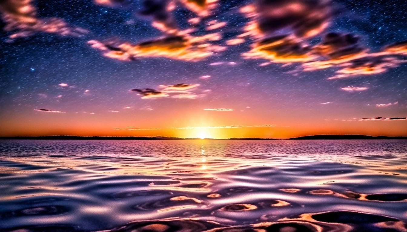 Beautiful starry sky, Tranquil waters, The sun is about to rise above the horizon, photograph, artistic,