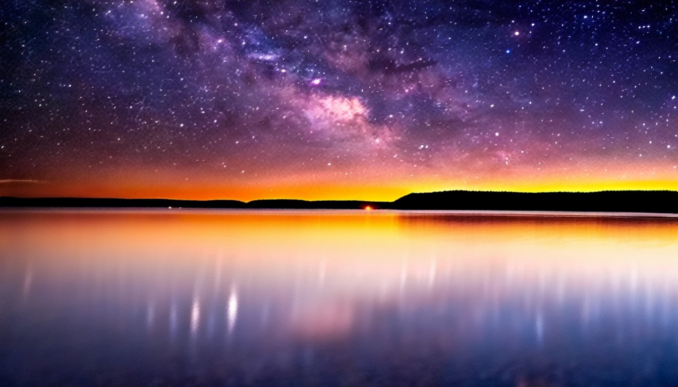 Beautiful starry sky, Tranquil waters, The sun is about to rise above the horizon, photograph, artistic,