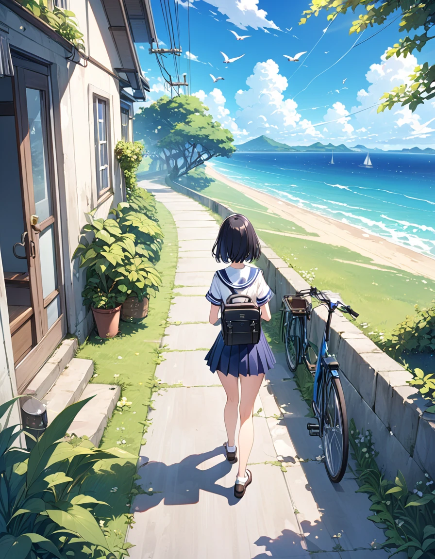 Highest quality、detailed、More information、beautifully、Anime Scenery、summer、countryside、Long concrete road、Slightly overgrown grass、electric wire、electric wire、重なったelectric wire、sunny、Sunny、summer、Large Entrance Clouds、You can see the ocean in the background、beautiful海、Birds are flying、A girl rides a bicycle alone、The girl has black hair_Short Hair、Sailor suit、Short sleeve、Short skirt、Navy blue school bag、Back view、I can't see your face、Speed、Emotional、Attractive landscape painting、bright、shadow、beautiful