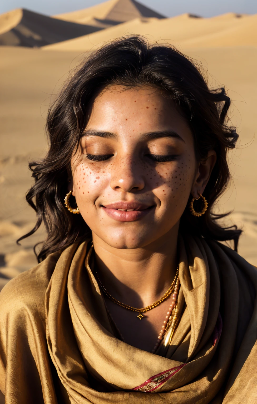 (Close-up, editorial photograph of a 20 year old woman), (highly detailed face:1.4) (smile:0.7) (background inside dark, moody, private study:1.3) POV, by lee jeffries, nikon d850, film stock photograph ,4 kodak portra 400 ,camera f1.6 lens ,rich colors, hyper realistic ,lifelike texture, dramatic lighting , cinestill 800, wavy hair, messy hair, Mischievous smirk, Black hair, freckles, Closed Eyes, jewels, necklace, Arabic Cloak, Arabic Scarf, Arabic Hijab, Astral Plane, Black Round Sunglasses, Sun, Sand, Desert, Arabian expressions, Egyptian woman, Arabian skin, Golden Aura, shadow queen