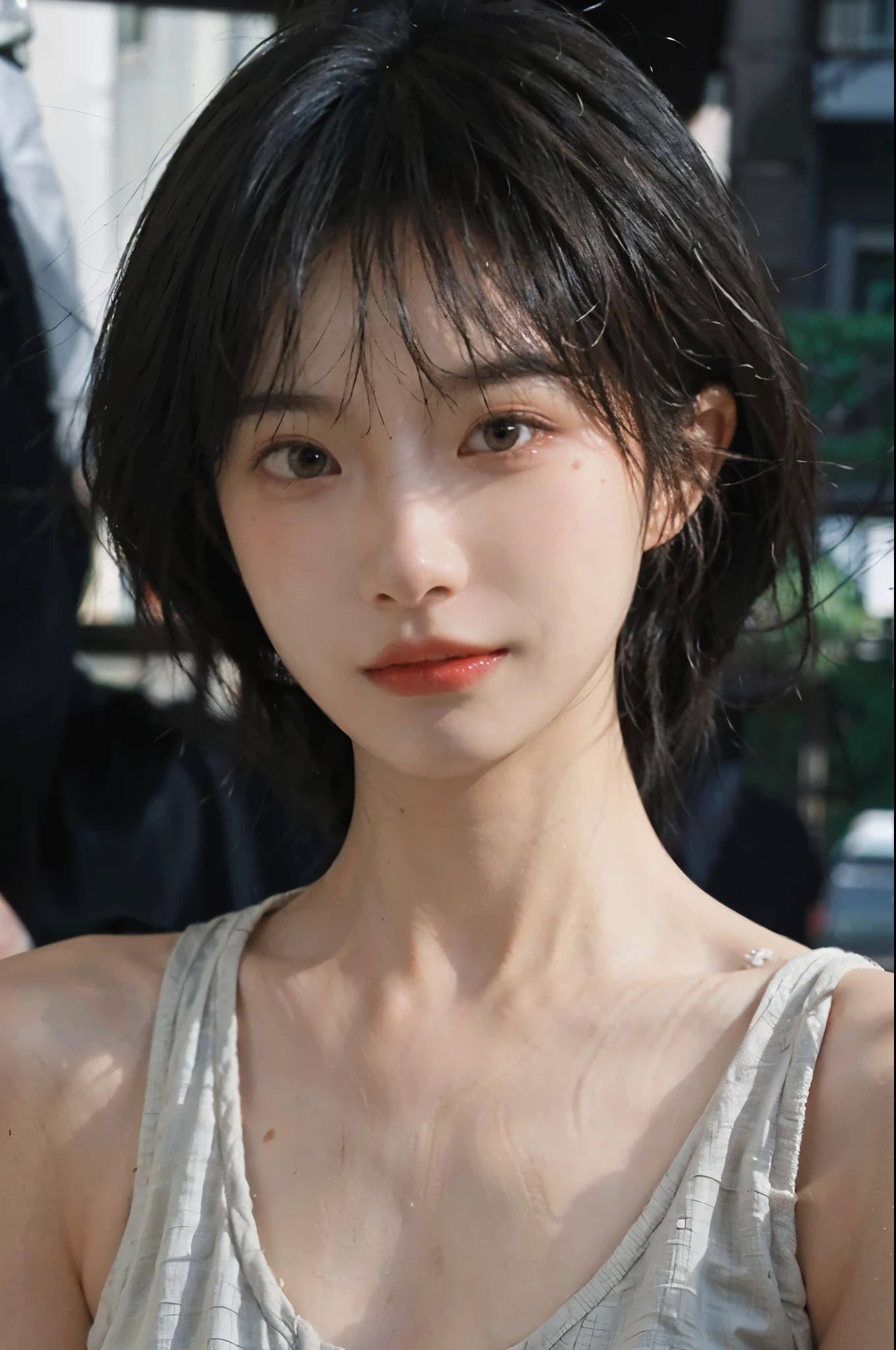 (Skin details:1.4), (smooth skin textures:1.3), Lipstick, background, Direct vision, earrings, serene, calm, (Realistic and detailed eyes:1.2), Natural skin texture, Realistic facial details, Soft dramatic lighting, Vivid details, 35 mm film, outdoor, (Photo Practical:1.4), (hyper Practical:1.4), (Practical:1.3), (Smoother lighting:1.05), (Improve lighting quality:0.9), (Highest quality real skin textures:1.4), Exquisite eyes, Delicate face, Close-up of face, (Enhance the beauty of skin texture:1.1), Hair details, Vest,normal body ratio, short hair, Moles under the eyes, thinking, A faint smile,公园background,Portrait Photography, Depth of Field, Bokeh, Surrealism, Ray Tracing, (Portrait Photography:1.1), Surrealism, High Detail, Chiaroscuro, Ray Tracing, reflected light, Ultra HD, Ultra HD, masterpiece, Textured Skin, Super Detail, High Detail, high quality, best quality