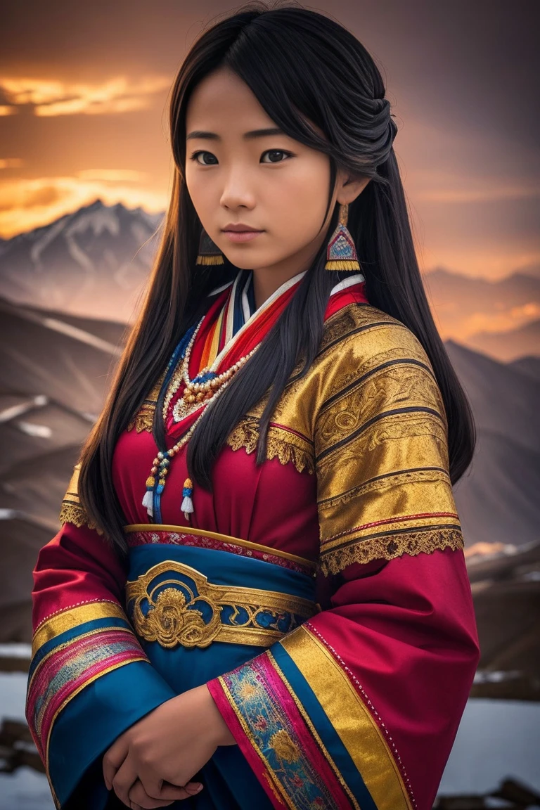 surrealism, Verism, Chiaroscuro, Depth of field, Cinematic lighting, movie picture quality，strong contrast of light and shadow，back lit lighting, filmgrain, hyper HD, Masterpiece, ccurate, Textured skin, Super detail, High details, High quality, Best quality, A high resolution, 8K,The scene is the scenery of the Qinghai-Tibet Plateau，There are snowy mountains，prayer flags，wooden cabin，「A beautiful 28-year-old Tibetan girl」，The costumes are Tibetan art costumes，Photographic style
