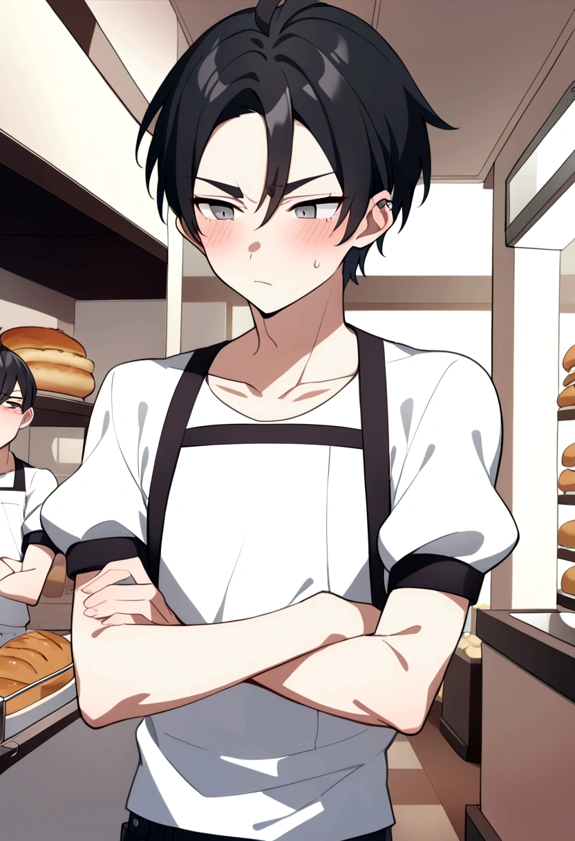 1man, 25-year-old, tsundere, jet-black hair that goes down to his ears, piercing gray eyes, eyebrows furrowed in disapproval, blushing slightly, eyes looking to the side, arms crossed, body is slender and is wearing a modern bakers uniform, in a bakery, wearing pants