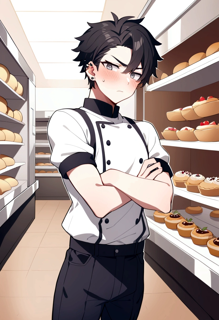 1man, 25-year-old, tsundere, jet-black hair that goes down to his ears, piercing gray eyes, eyebrows furrowed in disapproval, blushing slightly, eyes looking to the side, arms crossed, body is slender and is wearing a modern bakers uniform, in a bakery, wearing pants