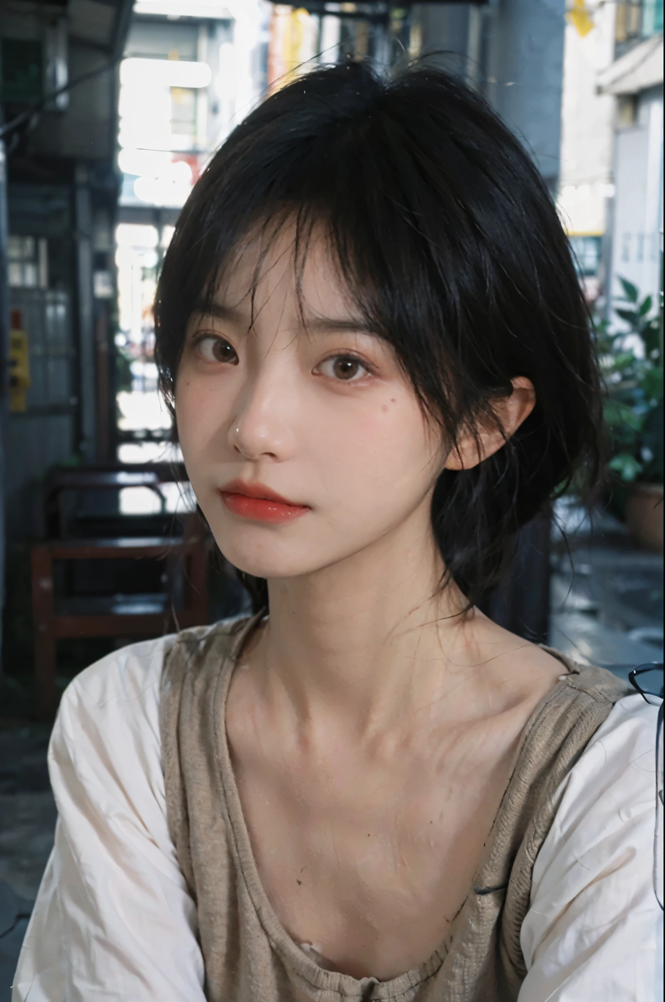 (Skin details:1.4), (smooth skin textures:1.3), Lipstick, background, Direct vision, earrings, serene, calm, (Realistic and detailed eyes:1.2), Natural skin texture, Realistic facial details, Soft dramatic lighting, Vivid details, 35 mm film, outdoor, (Photo Practical:1.4), (hyper Practical:1.4), (Practical:1.3), (Smoother lighting:1.05), (Improve lighting quality:0.9), (Highest quality real skin textures:1.4), Exquisite eyes, Delicate face, Close-up of face, (Enhance the beauty of skin texture:1.1), Hair details, Vest,normal body ratio, short hair, Moles under the eyes, thinking, A faint smile,公园background,Portrait Photography, Depth of Field, Bokeh, Surrealism, Ray Tracing, (Portrait Photography:1.1), Surrealism, High Detail, Chiaroscuro, Ray Tracing, reflected light, Ultra HD, Ultra HD, masterpiece, Textured Skin, Super Detail, High Detail, high quality, best quality