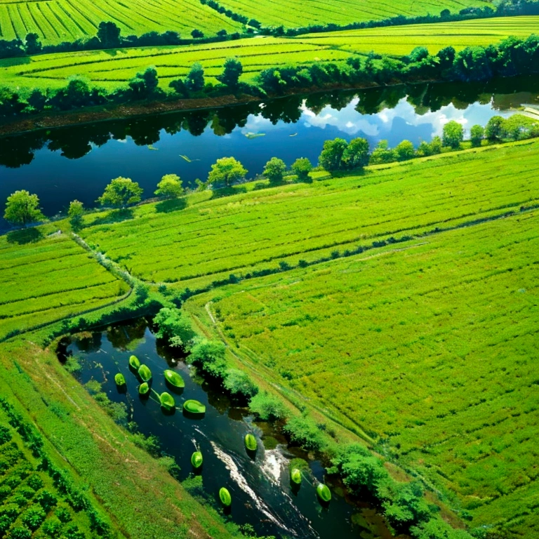 Beautiful river in the countryside、Make vegetables look bigger、Tasty-looking vegetables、Vegetables submerged in water