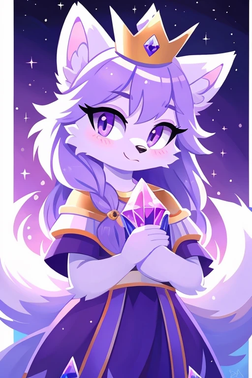 lavender and white fur fox with nine foxtails, purple eyes, and a crystal crown on it's head