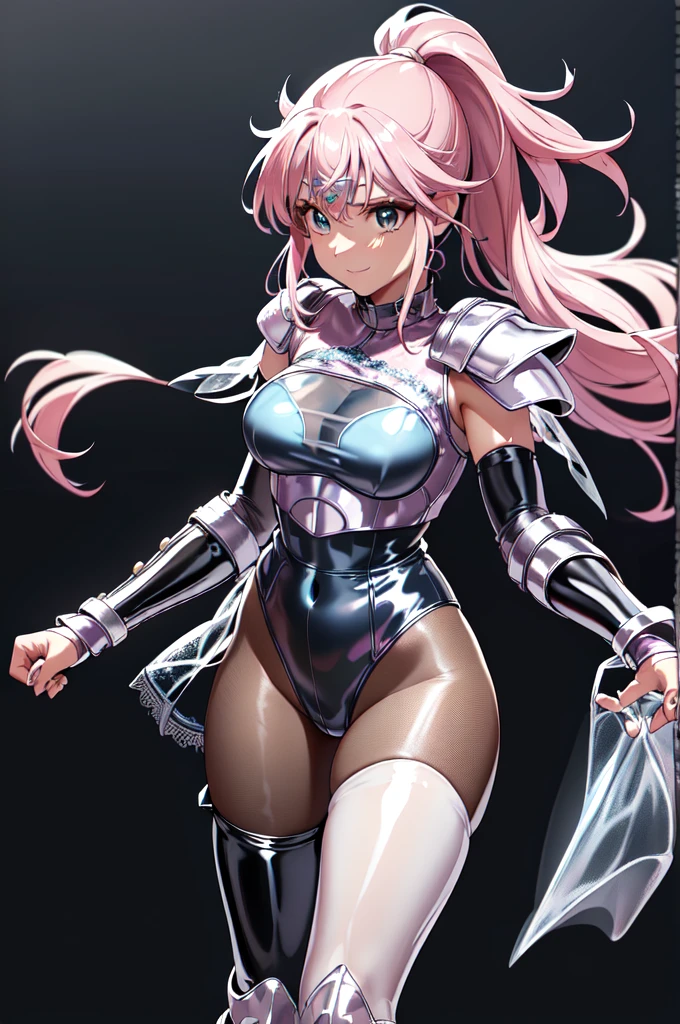 1girl,solo,cowboy shot,standard height,standing,(pink hair:1.2),long hair,ponytail,parted bangs, circlet, headband,(brown eyes:1.2),(beautiful fingers:1.4),(perfect anatomy:1.4),(arms_behind_back:1.4),(cold_shoulder:1.2),(blue leather lace glossy silk lamé leotard:1.6),(armor:1.2),skirt armor,(latex luster shiny glossy metallic:1.4),(shiny_clothes:1.4),medium breasts,masterpiece,best quality,(Ultra high definition eyes:1.2),8k,(Beautiful detailed eyes:1.2),(Fine and beautiful eyes:1.2),(pretty eyes:1.2),finely detail,extremely CG, absurdres,high resolution,illustration,Detailed and beautiful outlines,finely detail,high resolution,(colorful refraction:1.4,Increase saturation:1.2),beautiful lighting,dynamic lighting,closed room,black background,simple background, smile,looking at viewer,, fingerless gloves, sash, asymmetrical clothes, pantyhose, (asymmetrical legwear),(armored boots),(pink footwear),(white Clear PVC sheets sleeves:1.4),(sheer sleeves:1.4),(see-through sleeves:1.4),(wide sleeves:1.2)