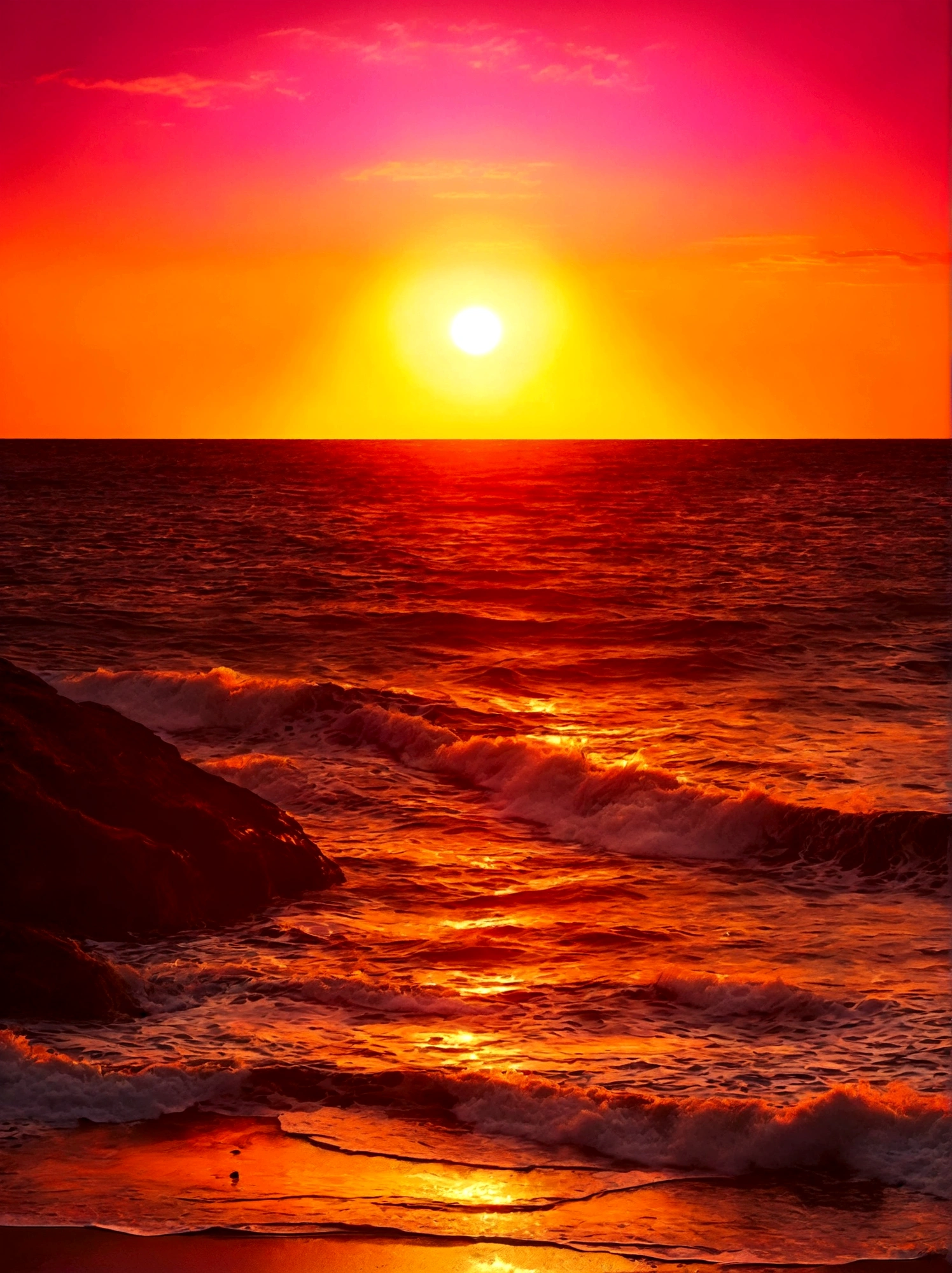 (Dawn sunrise time:1.6),A clear and peaceful morning sky with a stunning sunrise. The sun has just started to peak over the horizon, its golden rays illuminating the sky in radiant hues of orange and pink. The sun itself appears as an enticing round fireball, its warmth visually perceived through the majestic gradient of colors. Slowly, it starts rising, providing new light and energy to the world below. Vibrant hues of yellow, gold, and red symbolize the life-giving power of the sun. Meanwhile, the remnants of night, the deep purples and blues, still linger on the edges of this beautiful morning tableau, bidding their time to return but for now, celebrating the glory of the majestic sun, The perspective is from a wide-angle view emphasizing the immense scope of the breathtaking landscape filled with natural elements, The image should evoke a sense of drama and magnitude with the effective use of light and shade.