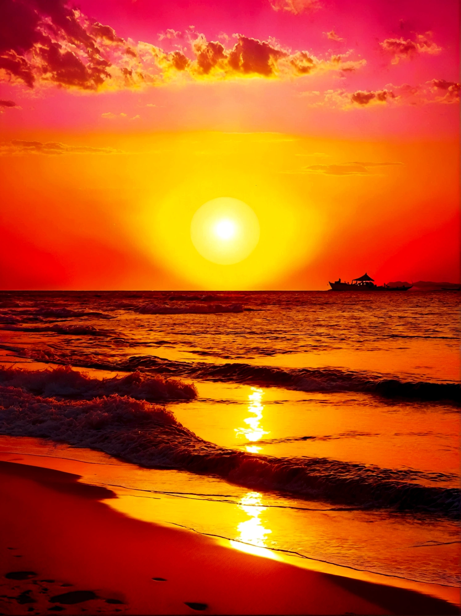(Dawn sunrise time:1.6),A clear and peaceful morning sky with a stunning sunrise. The sun has just started to peak over the horizon, its golden rays illuminating the sky in radiant hues of orange and pink. The sun itself appears as an enticing round fireball, its warmth visually perceived through the majestic gradient of colors. Slowly, it starts rising, providing new light and energy to the world below. Vibrant hues of yellow, gold, and red symbolize the life-giving power of the sun. Meanwhile, the remnants of night, the deep purples and blues, still linger on the edges of this beautiful morning tableau, bidding their time to return but for now, celebrating the glory of the majestic sun, The perspective is from a wide-angle view emphasizing the immense scope of the breathtaking landscape filled with natural elements, The image should evoke a sense of drama and magnitude with the effective use of light and shade.