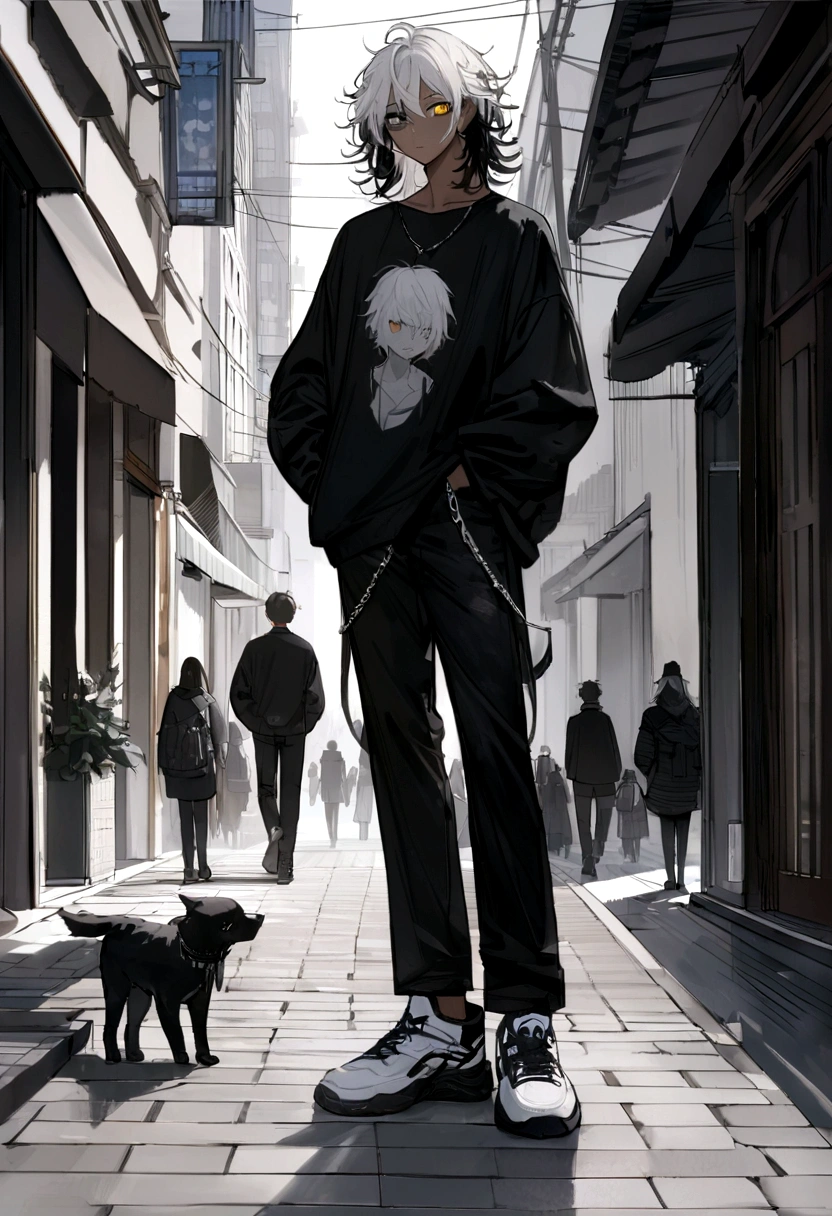 ultra-detailed, very high resolution) (best qualityer,4K,8K,high resolution,work of art:1.2) It has a black shirt with silver details, a black hunt, and black and white sneakers ,yellow and black eyes heterochromia, dark expression , Messy hair , Medium length hair , 1 men , black and white hair more black than white , two tone hair , dark skin color has, He's walking around town with his hands in his pockets