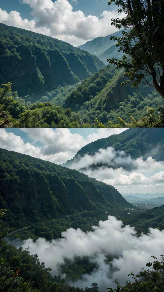 a majestic mountain landscape, Mount Gede Pangrango, West Java, Indonesia, lush tropical greenery, dramatic cliffs, misty atmosphere, rugged terrain, winding trails, dense forest, cascading waterfalls, dramatic lighting, serene lake, vibrant colors, awe-inspiring scale, breathtaking vista, (best quality,8k,ultrarealistic,cinematic,masterpiece:1.2),stunning realism,hyper detailed,ultra detailed landscape,photorealistic,dramatic lighting,vivid colors,sharp focus,environmental concept art