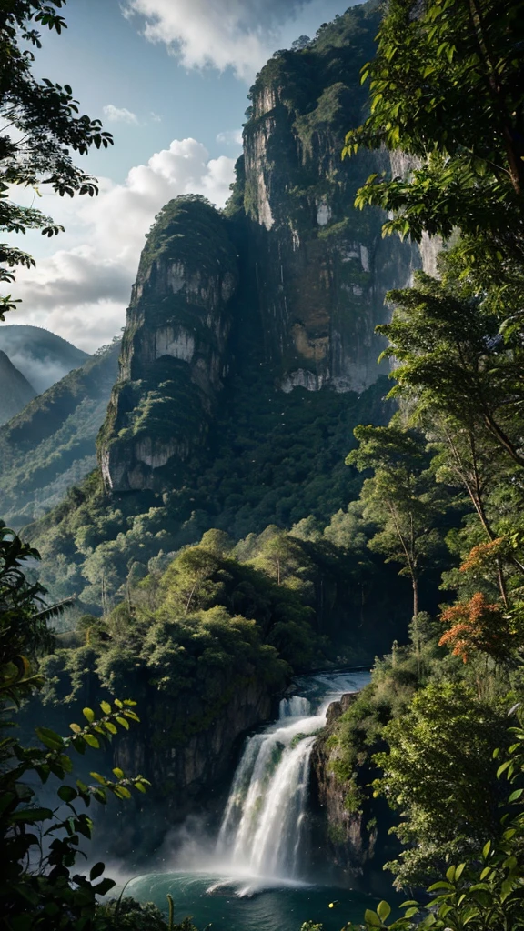 a majestic mountain landscape, Mount Gede Pangrango, West Java, Indonesia, lush tropical greenery, dramatic cliffs, misty atmosphere, rugged terrain, winding trails, dense forest, cascading waterfalls, dramatic lighting, serene lake, vibrant colors, awe-inspiring scale, breathtaking vista, (best quality,8k,ultrarealistic,cinematic,masterpiece:1.2),stunning realism,hyper detailed,ultra detailed landscape,photorealistic,dramatic lighting,vivid colors,sharp focus,environmental concept art