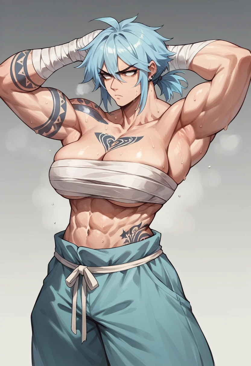 (Masterpiece:1.2), hentai art style, (Woman:1.1), Muscular, (light blue hair:1.1), (Bandaged breasts wearing baggy pants:1.3), sweating, wrapping her hair, armpits, big breast, (tattoo), serious frown, looking to camera.