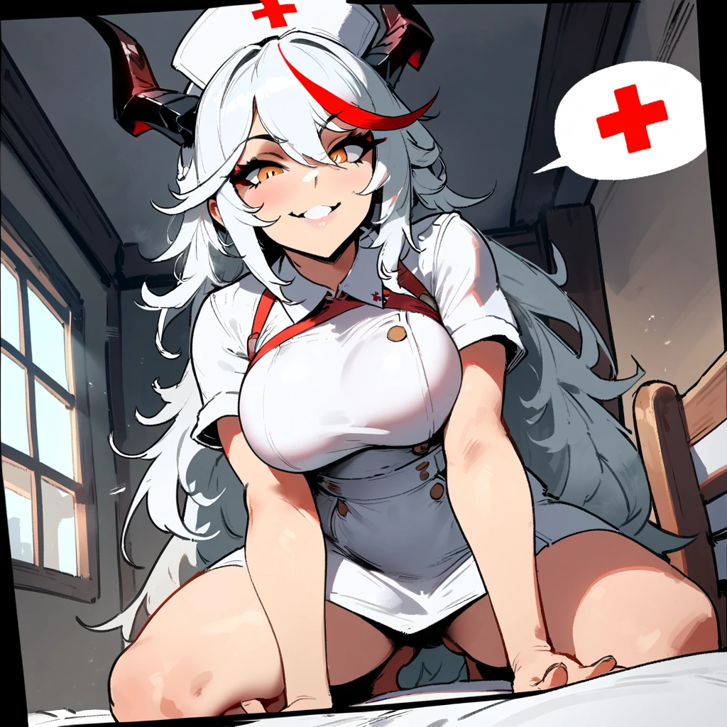 1girl, aegir \(azur lane\), azur lane \\\\\ masterpiece, best quality, very aesthetic, absurdres, newest \\\\\\ sportive body, \\\\\\ by nyantcha,,by cutesexyrobutts,by khyle ///// white hair with a single prominent red streak, black horns, yellow eyes, , white (nurse outfit:1.2), skirt, , white pencil skirt, nurse cap, , , a red cross on the cap,, , horny smile,pov, , cowgirl position.below view, ,pillow lying in a cot, , speech bubble.Kneeling, pillow's pov, pillow between her legs