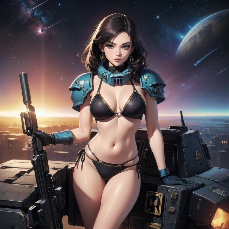 pin-up style drawing, female Warhammer 40k space marine, sexy pose, armored bikini, posing on the bridge of a space dreadnought, holding a space marine assault rifle, "For the Emperor"