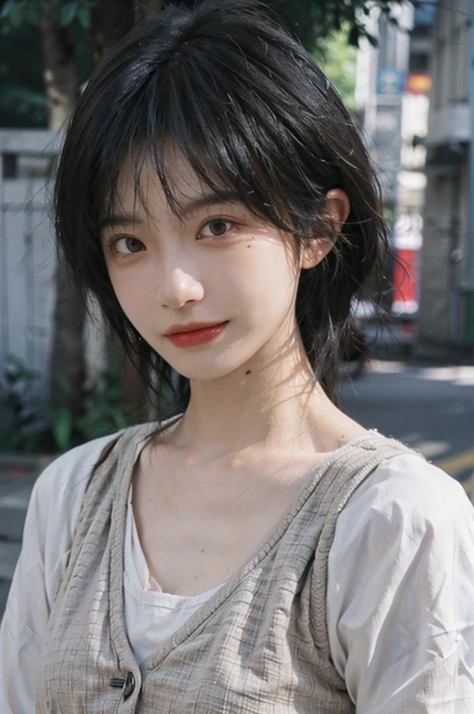 (Skin details:1.4), (smooth skin textures:1.3), Lipstick, background, Direct vision, earrings, serene, calm, (Realistic and detailed eyes:1.2), Natural skin texture, Realistic facial details, Soft dramatic lighting, Vivid details, 35 mm film, outdoor, (Photo Practical:1.4), (hyper Practical:1.4), (Practical:1.3), (Smoother lighting:1.05), (Improve lighting quality:0.9), (Highest quality real skin textures:1.4), Exquisite eyes, Delicate face, Close-up of face, (Enhance the beauty of skin texture:1.1), Hair details, Vest,normal body ratio, short hair, Moles under the eyes, thinking, A faint smile,公园background,Portrait Photography, Depth of Field, Bokeh, Surrealism, Ray Tracing, (Portrait Photography:1.1), Surrealism, High Detail, Chiaroscuro, Ray Tracing, reflected light, Ultra HD, Ultra HD, masterpiece, Textured Skin, Super Detail, High Detail, high quality, best quality