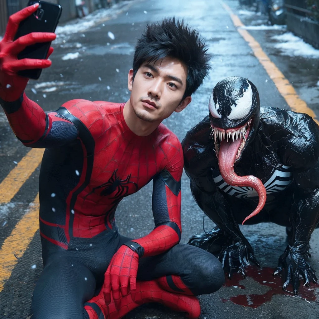 3d hyper realistic an asian man ,25 years old, short and spiky hair wearing a spiderman costume is taking a selfie with a black creature called venom on a dirty sidewalk , with snowfall ,4k,UHD,cinematic,ultra realistic