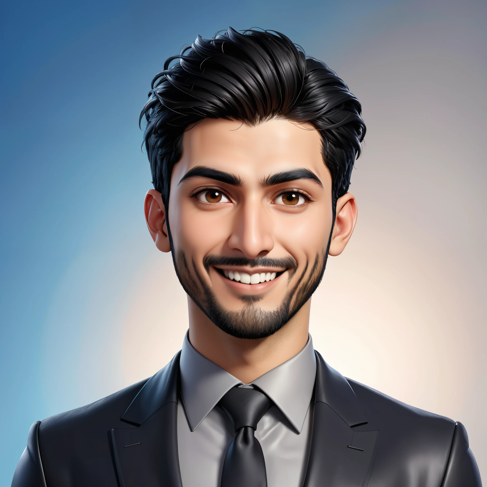Create a full body portrait of cartoonish caricature 3D animation of a big-headed facing straight to the camera. a 25 years old Pakistani businessman. He has short black pixie cut hair. His face is oval with smooth lines, thick and neat black eyebrows, normal eyes, a small, sharp nose, and thin lips with a wide, friendly smile. He wore a black double breasted suit. Gradient blue background. masterpiece, top quality, highly detailed skin and face, ultra-realistic, high definition, sharp focus, Concept Art. Front facing, half body portrait, in a office environment