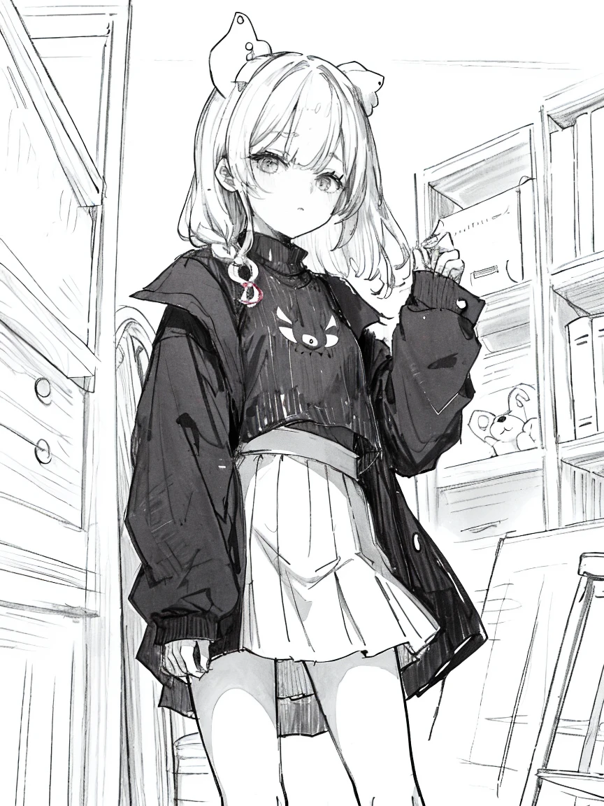 One Girl,Line art,Monochrome,sketch,Pencil drawing,Traditional Media,One Girl, Upper body,She's in trouble,pattern,sweater,Beaver ,Delicate body、mini skirt、black tights、Open leg pose、, Long sleeve, With legs apart, alone、(Cute Teenage Girl, alone),Beautiful portrait、Respect、Crying face、Seeking help、Black-haired、
