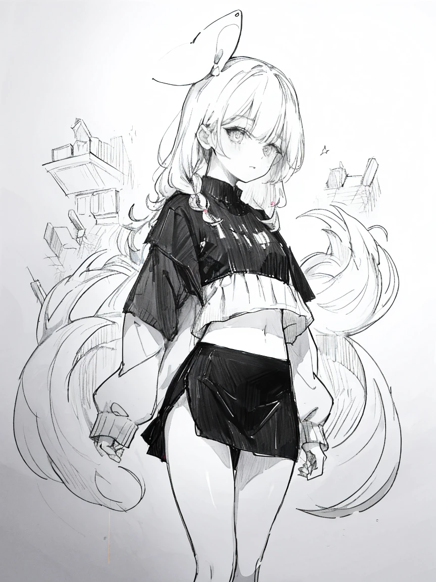 One Girl,Line art,Monochrome,sketch,Pencil drawing,Traditional Media,One Girl, Upper body,She's in trouble,pattern,sweater,Beaver ,Delicate body、mini skirt、black tights、Open leg pose、, Long sleeve, With legs apart, alone、(Cute Teenage Girl, alone),Beautiful portrait、Respect、Crying face、Seeking help、Black-haired、