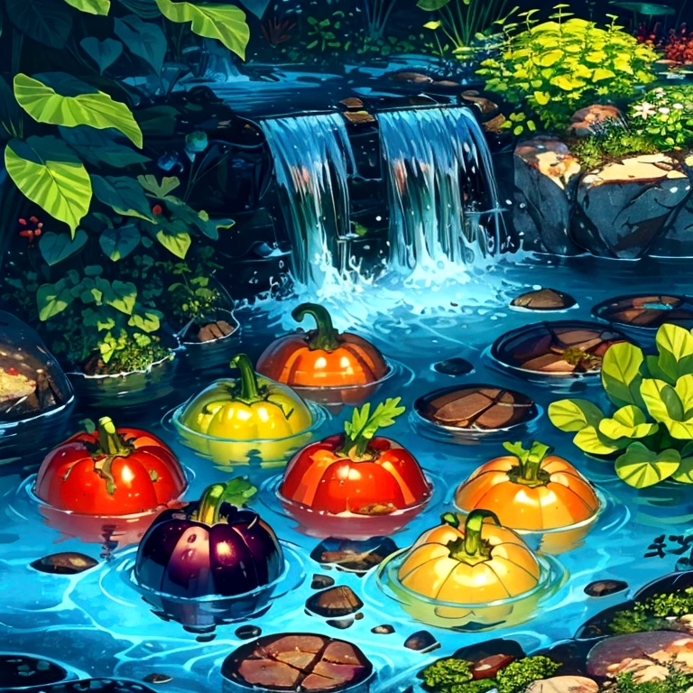 Submerged summer vegetables、water flowing、Tasty-looking vegetables、ice water、Summer landscape