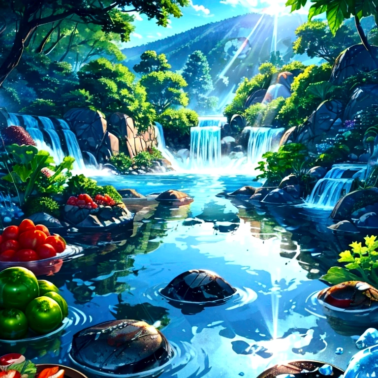 Submerged summer vegetables、water flowing、Tasty-looking vegetables、ice water、Summer landscape