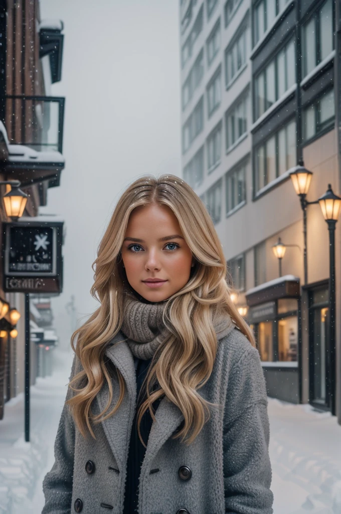professional portrait photograph of a gorgeous Norwegian girl in winter clothing with long wavy blonde hair, sultry flirty look, gorgeous symmetrical face, cute natural makeup, wearing elegant warm winter fashion clothing, ((standing outside in snowy city street)), stunning modern urban environment, ultra realistic, concept art, elegant, highly detailed, intricate, sharp focus, depth of field, f/1. 8, 85mm, medium shot, mid shot, (((professionally color graded))), bright soft diffused light, (volumetric fog), trending on instagram, hdr 4k, 8k