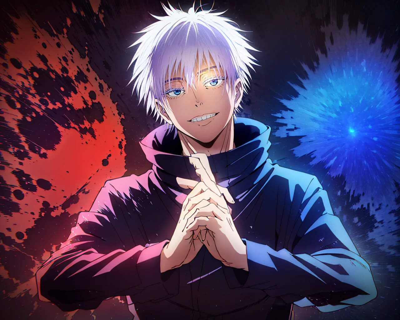 (tmasterpiece, beste-Qualit: 1.2), male focus, 1boy, Gojo Satoru, ssmile, hands in pocket, blindfold, black jacket, (Masterpiece:1.3),(Best Quality:1.2),8K,absurdress,Unity 8K WallPapper,(Extremely detailed:1.3),supreme, hight resolution, Amazing, illustartion, Beautiful studio soft light, Stunningly beautiful,  incredibly absurdres, Vivid details, Cinematic lighting, moody lighting, pixiv, Award-winning, Professional, Highly detailed, Gojo1, solo, looking a viewer, Smile, Short hair, long sleeves, 1boy, Standing, jacket, upper-body, white colored hair, male focus, Hand Up, grin, spiked hair, facing viewer, (red background:1.1), high collar, blindfold, (Magic:1.3), (Aura:1.3), covered eyes,