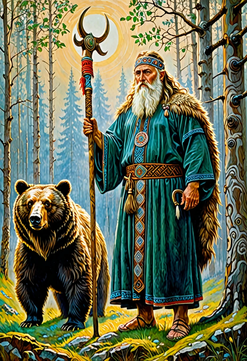 Painting of a man with beard and staff standing next to a bear, druid, Slavic mythology, Russian shaman, fantastic proto-Slavic mythology, druid, Scandinavian god, by Fedor Slavsky, Painted portrait of the stern Odin, Celtic druid, Russian academic painting, by György Vastág