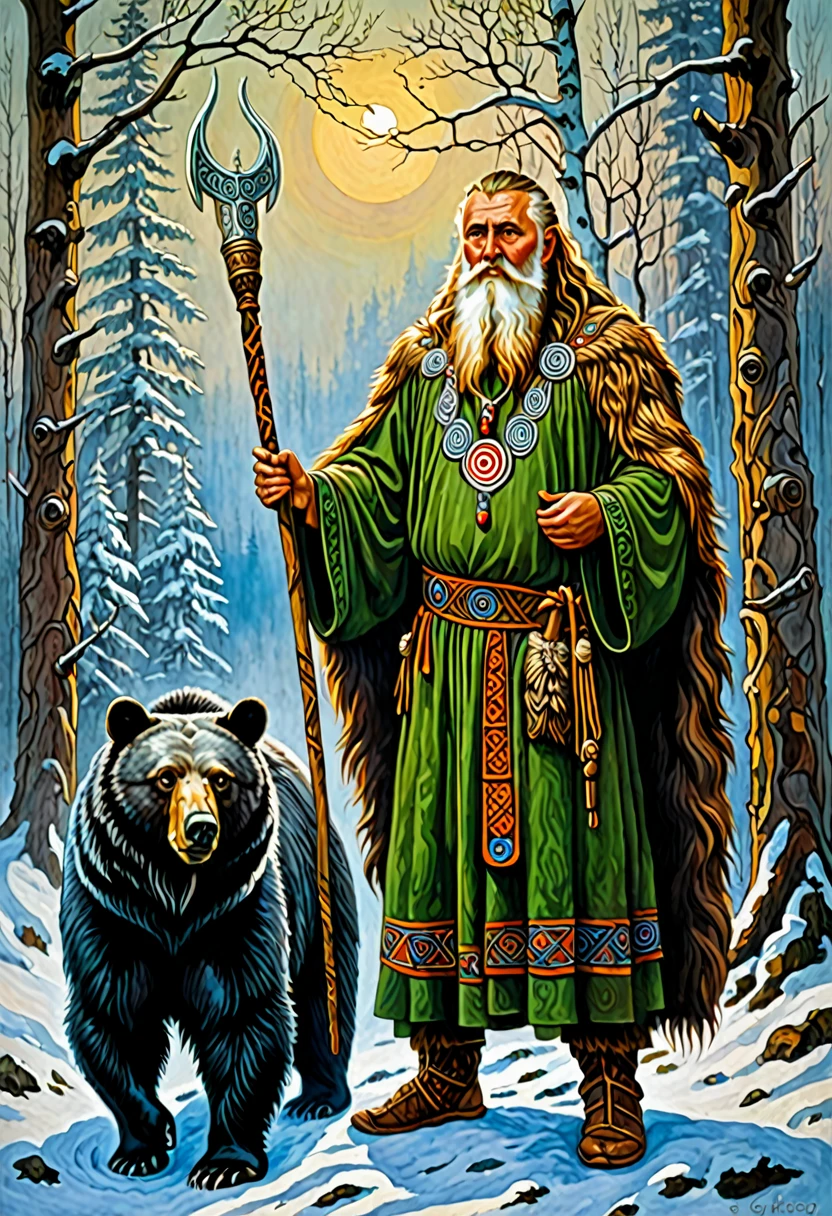 Painting of a man with beard and staff standing next to a bear, druid, Slavic mythology, Russian shaman, fantastic proto-Slavic mythology, druid, Scandinavian god, by Fedor Slavsky, Painted portrait of the stern Odin, Celtic druid, Russian academic painting, by György Vastág