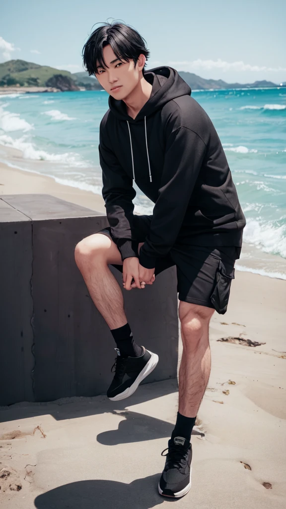 Black hair, round face, man, black hoodie, cargo pants, beach, moon