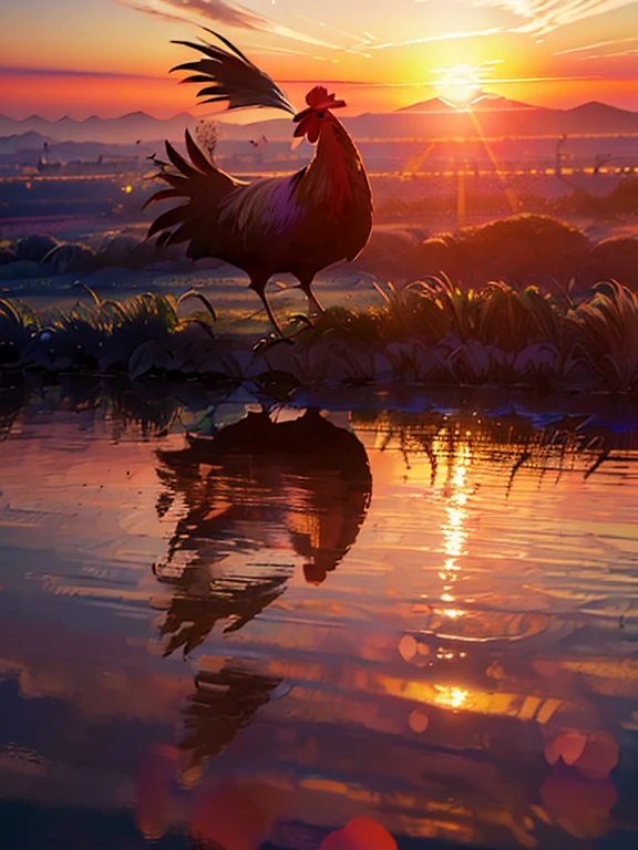 ((Beautiful sunrise scenery:1.9))、(The rooster on the tiled roof crows loudly:1.4)、A port town shrouded in morning mist、Close and distant views、(Highest quality、4K、8K、High resolution、masterpiece:1.2)、Super detailed、(Real、Photorealistic、Photorealistic:1.37)、Detailed landscape、Beautiful sky、Warm Light、Calmな雰囲気、Detailed rooster、Detailed architecture、Morning Dew、Quiet landscape、Calm、Golden Hour