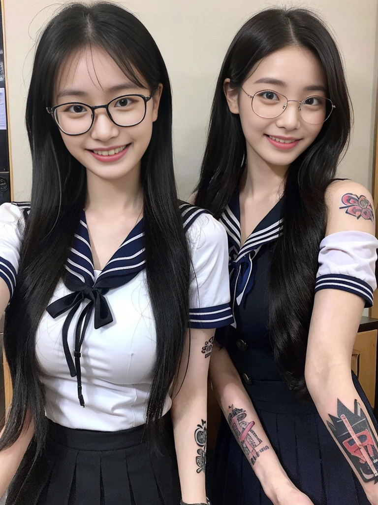 (A super cute Korean high school girl duo wearing Korean-style glasses takes a photo 1.2)(grin,Smile)(Beautiful Sweat:1.1)(16K, RAW Photos, Highest quality, masterpiece: 1.2),(Shiny black hair) Super detailed, Super Resolution, (Genuine, Genuine photos: 1.37), Portraiture, High-resolution RAW color photos, Professional photos, Very detailed, 8k wallpaper, Very detailed CG Unity 8k wallpaper, Very detailed beautiful girls, Very detailed faces, ((whole body)), beautiful woman, Huge breasts,(huge boobs:1.1) (Big Boobs:1.1), Beauty college student (A tight, girly sailor-style summer school uniform with ribbons),high School girl, Korean Girls,(K-POP Female Idols), (Idol-class beauty)(Beautiful high school girl:1.1)(School)(18-year-old)(Stylish school uniform-style outfit:1.1)(Group photo:1.2)(Tattoo,Tattoo:1.4)