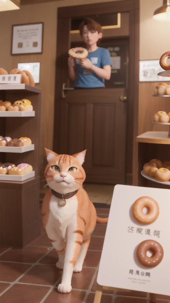 「A big ginger cat drools as he walks into a donut shop。The store is filled with a sweet aroma。」

A big ginger cat pushes through the door of a donut shop。The cat is drooling、You can feel the sweet aroma wafting from inside the store.。Fresh donuts lined up on the counter。